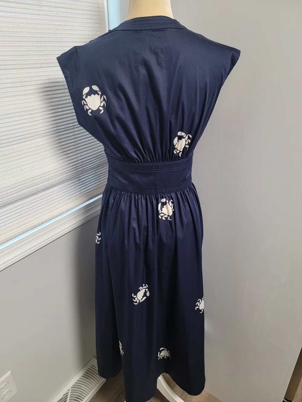 Kate Spade NY Snappy Poplin Crab Print Dress Womens Sz 0 Navy Blue Nautical Midi